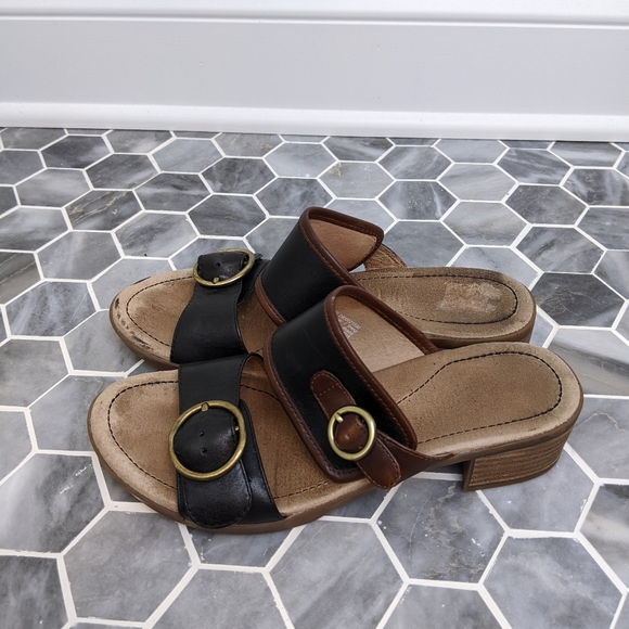 Dansko Lenny Double Strap Black Brown Leather Gold Buckle Block Heel San… - Picture 3 of 7